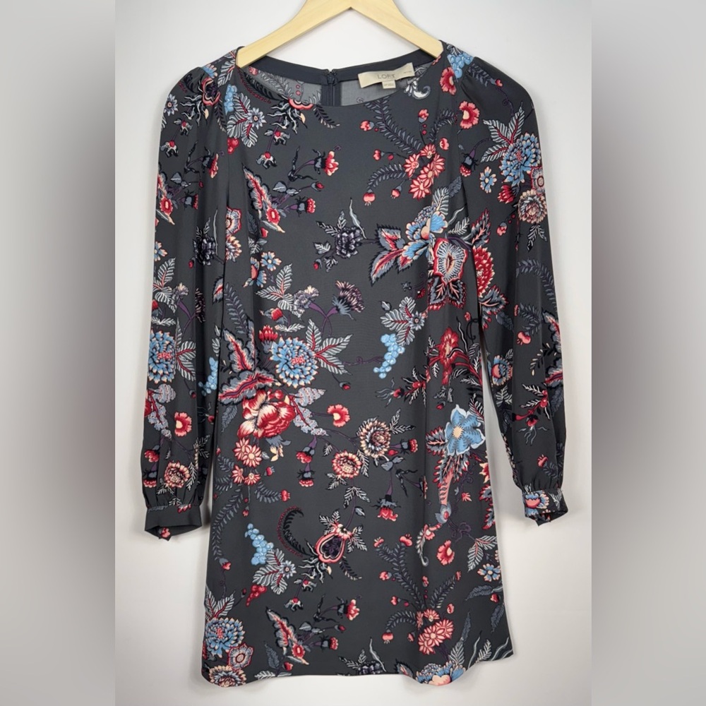 NWT Ann Taylor LOFT Womens Gray Multicolor Floral Puff Sleeve Sz 00P Shift Dress